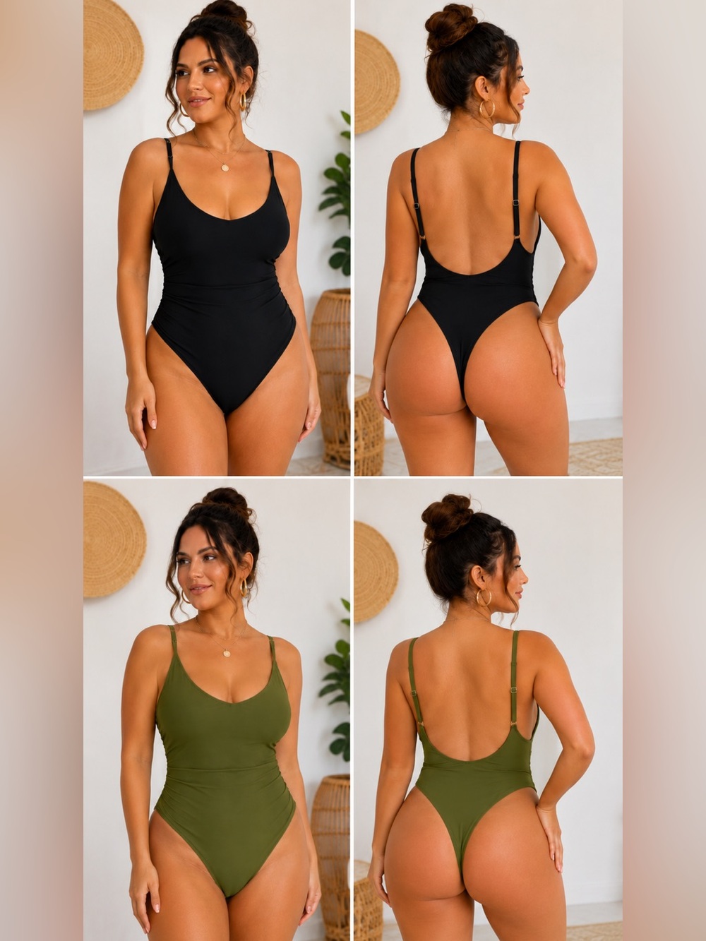2 Pc Bundle One Piece Swimsuit Bundle XXL Black Army Green Adjustable High Cut